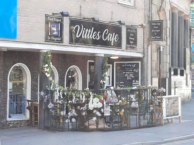 Outside Vittles Cafe in Sheffield