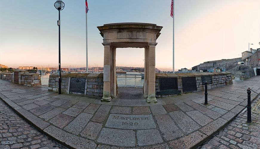 The Mayflower Steps monument at dusk