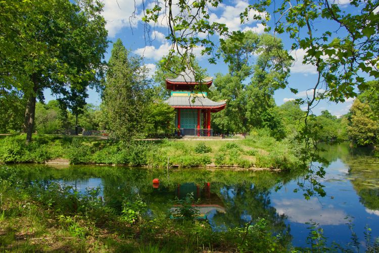 Pagoda on land surrounded by water