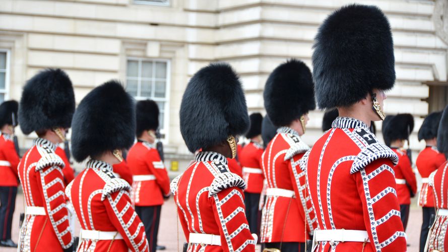 A group of British bearskin troops in London