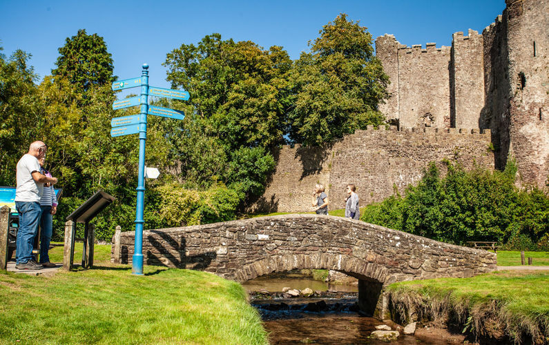 People wandering over bridge below the castle on a sunny day
